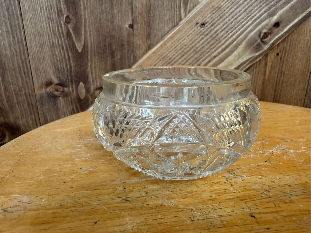 Vintage Clear Cut Glass Crystal Bowl Starburst Geometric Candy Trinket Dish (951